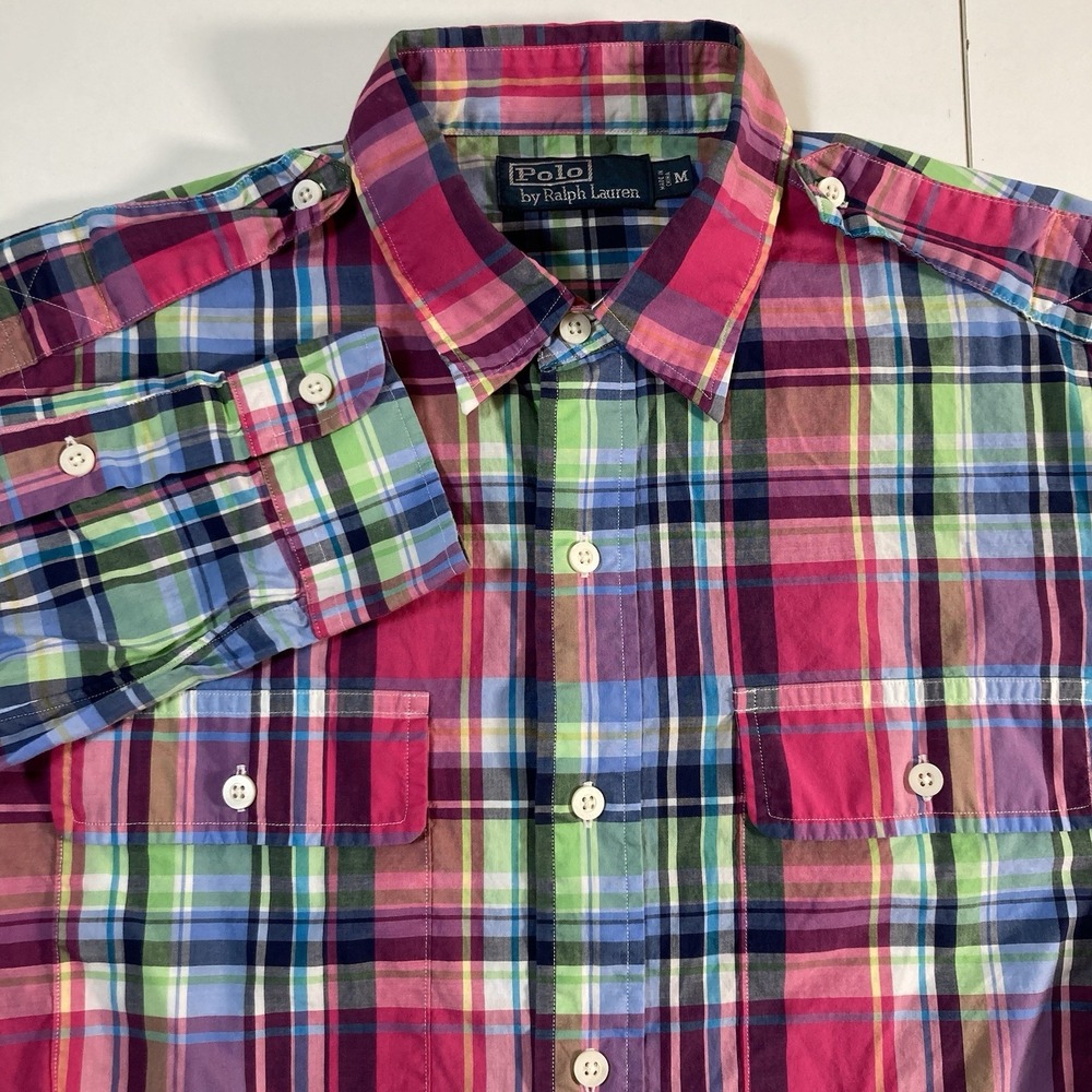 Rare Vintage Polo Ralph Lauren Button Down Medium Madras Plaid Epaulet Shirt